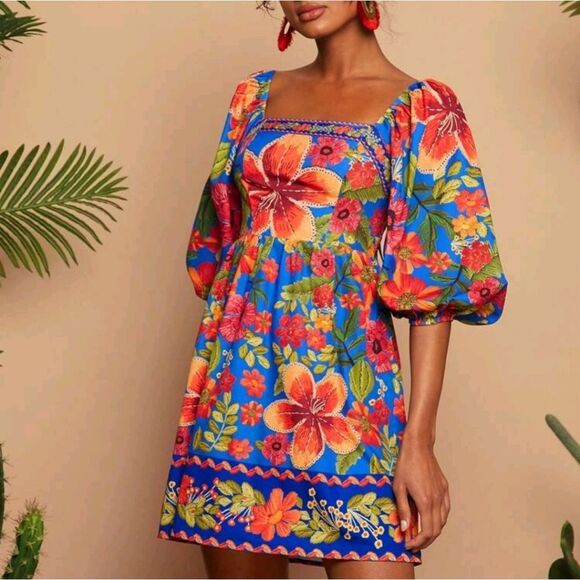 Floral Blue Dress with Red and Orange Accents - Picture 7 of 10